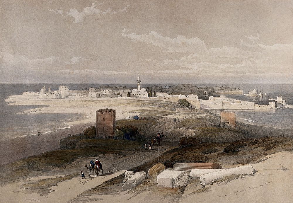 The ancient city of Tyre, taken from the isthmus. Coloured lithograph by Louis Haghe after David Roberts, 1843.