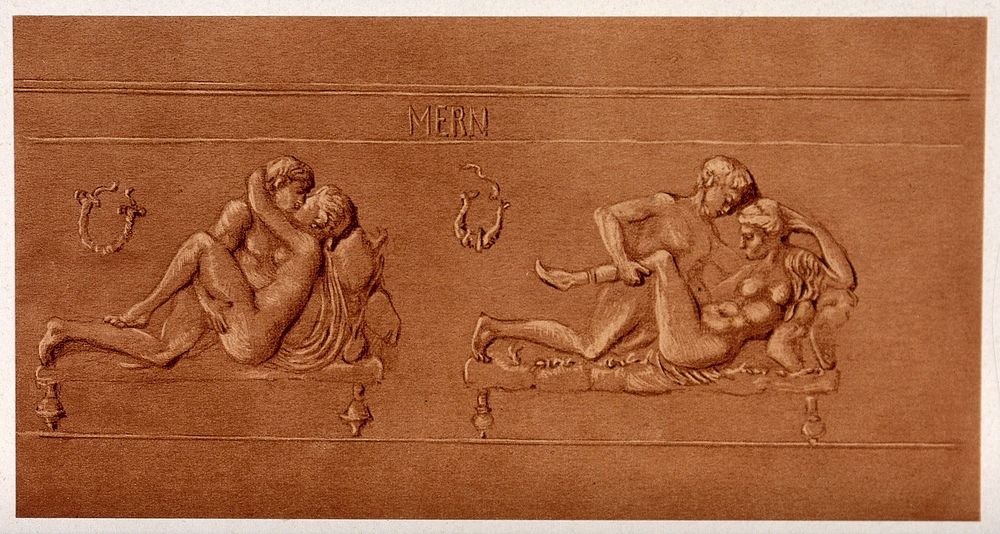 A plaster frieze depicting men and women. Process print.