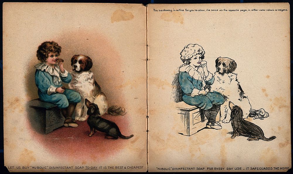 A little girl reading to her three dogs; introducing a set of advertisements for Nubolic soap. Chromolithograph by A. Reeve.