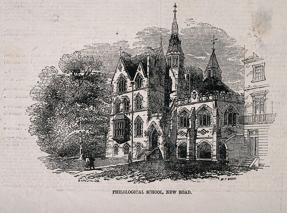 The Philological School, St Marylebone, London: seen from the New Road. Wood engraving by W. T. Green after [C. A. H.], 1857.