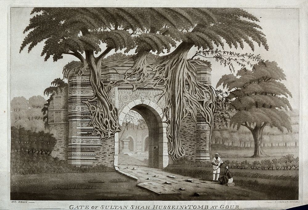 Gateway to the tomb of Husain Shah at Gaur, West Bengal. Etching by James Moffat after Henry Creighton, ca. 1808.
