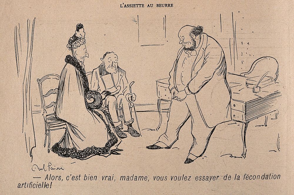 An elderly couple are advised to try artificial insemination. Process print after J.-A. Faivre, 1902.