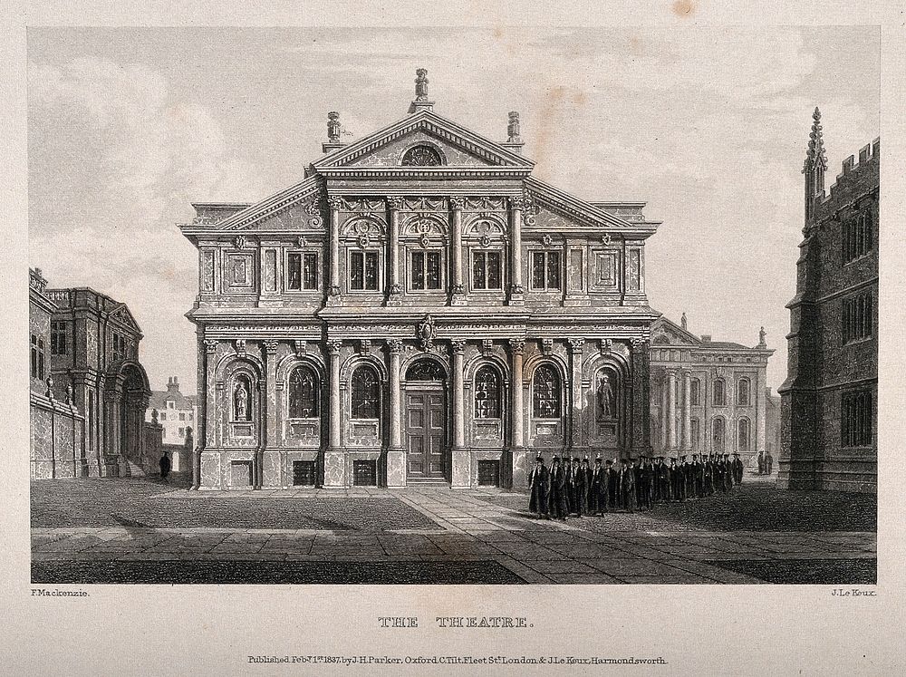 Sheldonian Theatre, Oxford: courtyard at the back. Line engraving by J. Le Keux, 1837, after F. Mackenzie.