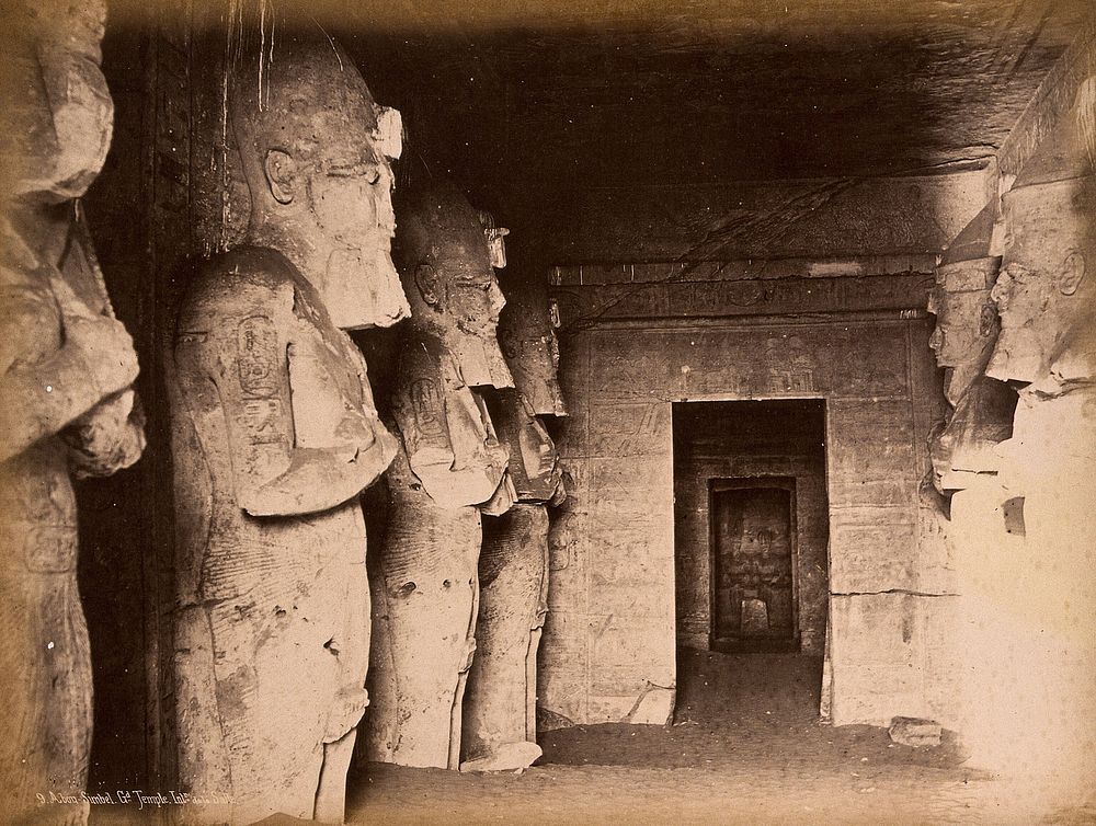 The Abou Simbel temple (the Sun Temple of Ramesses II), Nubia, Egypt: interior with standing colossi. Photograph by Jean…