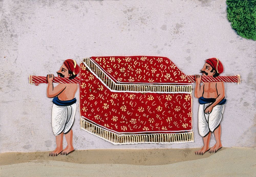 Two men carrying a covered palanquin. Gouache painting on mica by an Indian artist.