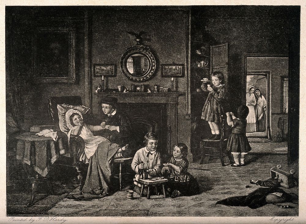 A group of children playing at being doctors and pharmacists, mother and grandmother approach through a door. Photogravure…