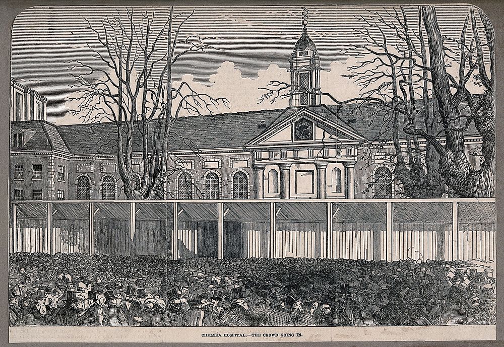 The Royal Hospital, Chelsea: people attending the lying-in-state of the Duke of Wellington. Wood engraving, 1852.