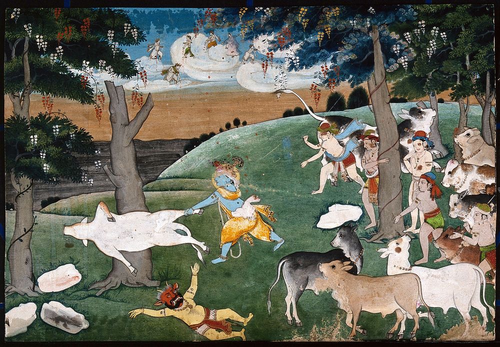 Krishna slaying a demon with the aid of a cow, is watched by several cowherds with Indian deities in the distance. Gouache…