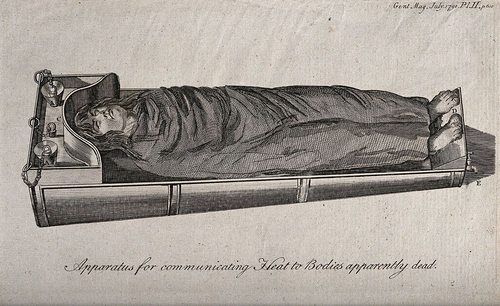A body covered with a blanket lying on a heated bath for the purpose of resuscitation. Etching, 1790.