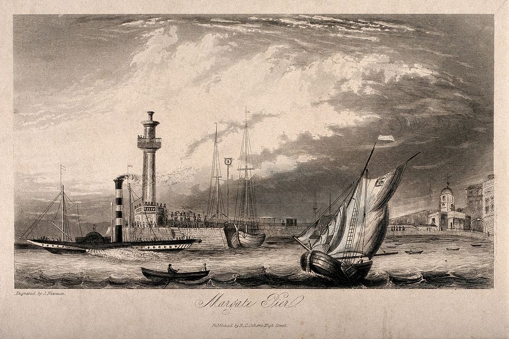 Margate Pier, Margate, Kent, England: ships and boats in the harbour. Steel engraving by J. Newman.