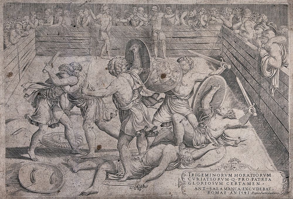 The fight between the Horatii and the Curiatii in an arena surrounded by spectators. Engraving after Giulio Romano, 1541.