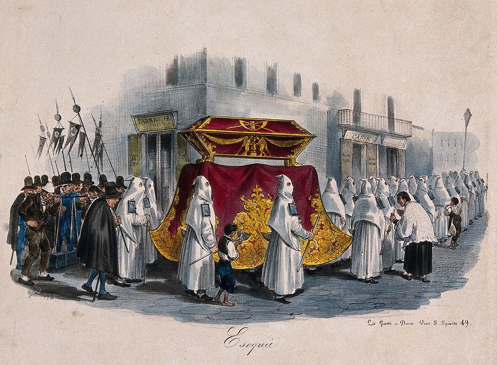 Members of different brotherhoods carrying a coffin during a procession. Coloured lithograph by Gatti and G. Dura after G.…