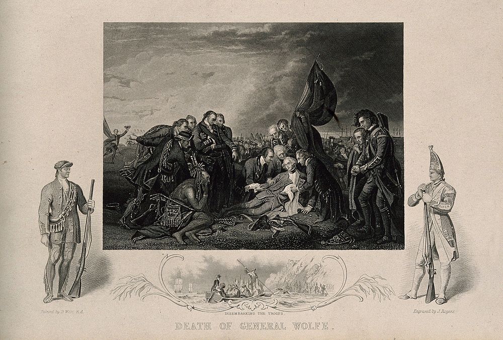 The death of General Wolfe, at Quebec, in the background are soldiers and ships. Engraving by J. Rogers after B. West, the…