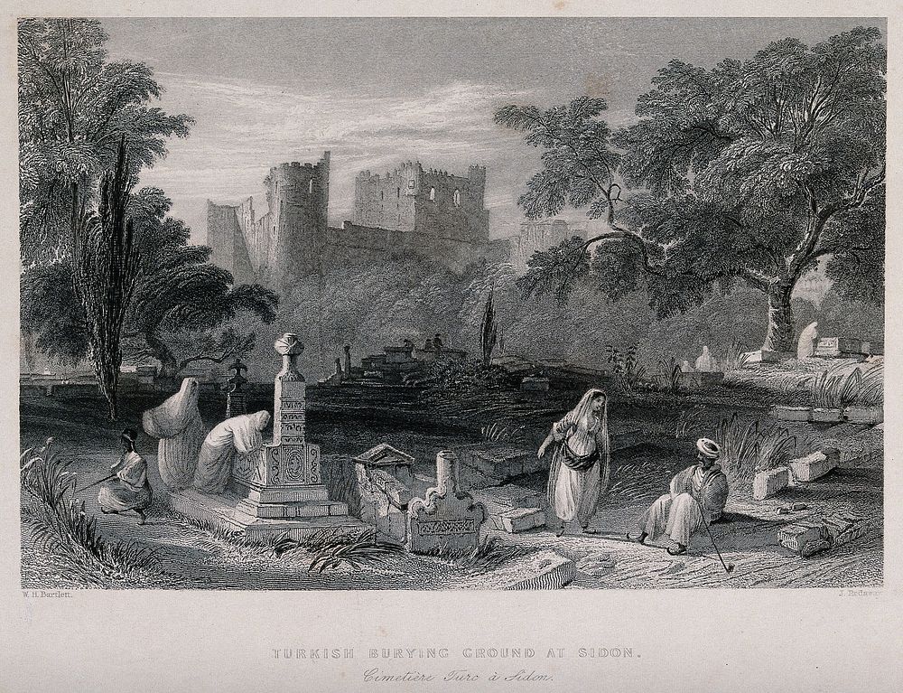 People tending to the graves at a Turkish burying ground at Sidon. Etching with engraving by J. Redaway after W.H. Bartlett…