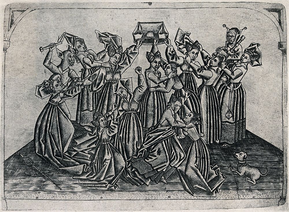 Women fighting over men's hose. Heliogravure after the Master of 1464.