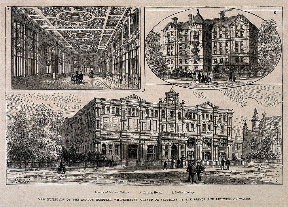 The London Hospital, Whitechapel: the medical college and nursing home. Wood engraving by E. G. after F. Watkins, 1877.