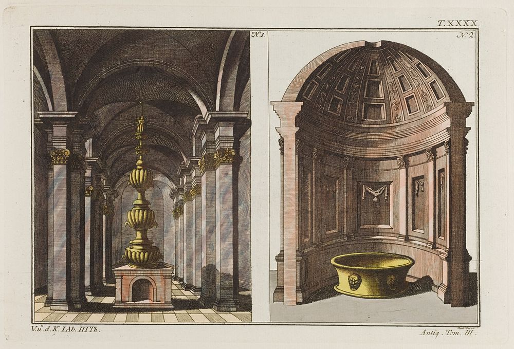 A Roman bath-house: left, a fountain; right, a tub. Coloured engraving, ca. 1804-1811.