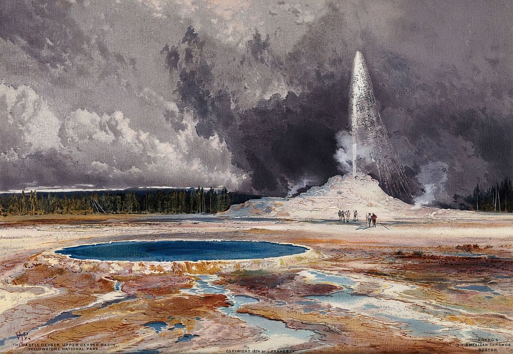 Castle Geyser, Yellowstone National Park. Colour lithograph after T. Moran, 1874.