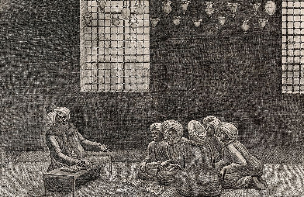 A mullah explaining the Law to a group of pupils, in Constantinople. Etching by R. Dalton.