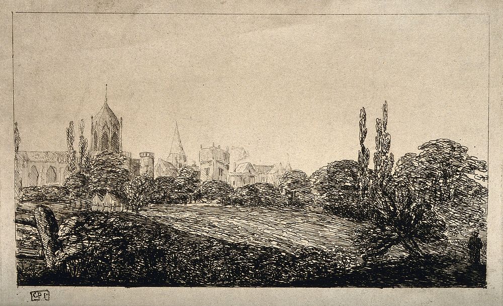 City of Oxford: cityscape from Christchurch meadows. Etching by C.P.