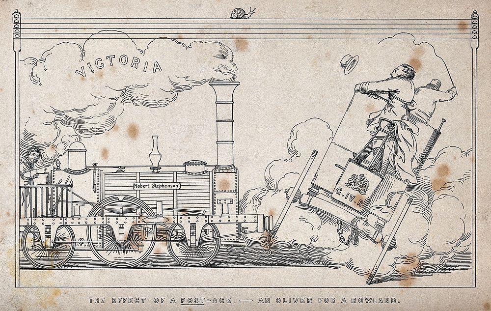A mail-coach, overturned by a locomotive (Stephenson's Rocket). Line engraving, c. 1853 .