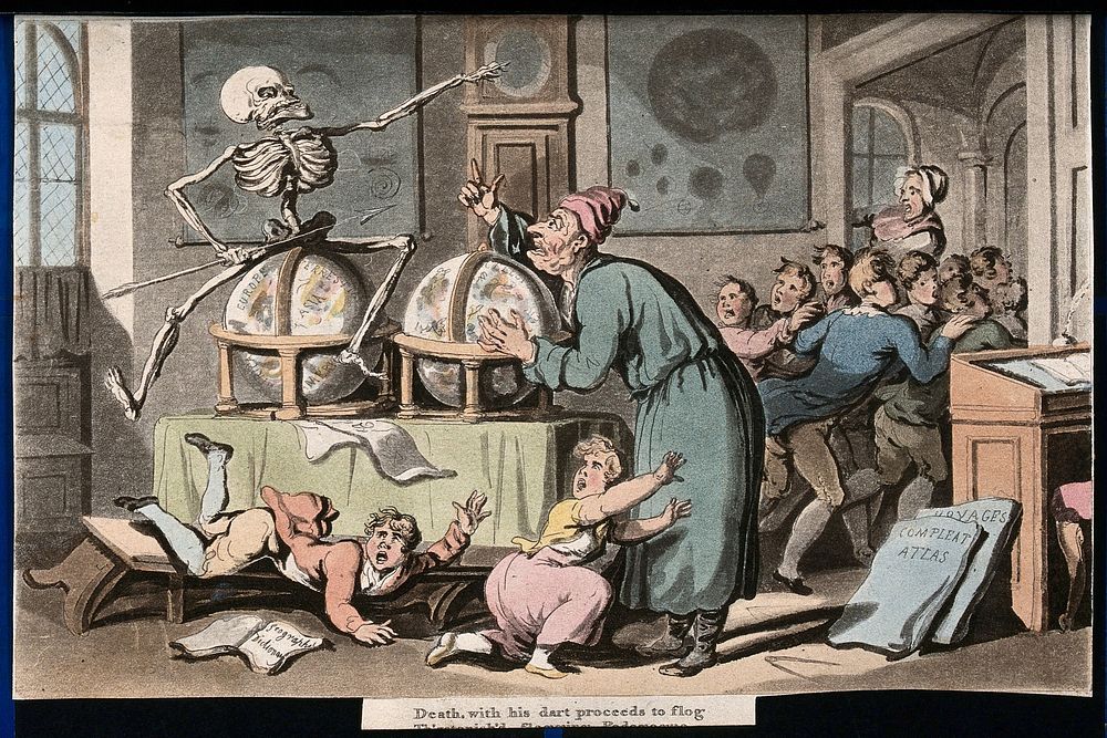 The dance of death: the schoolmaster. Coloured aquatint after T. Rowlandson, 1816.