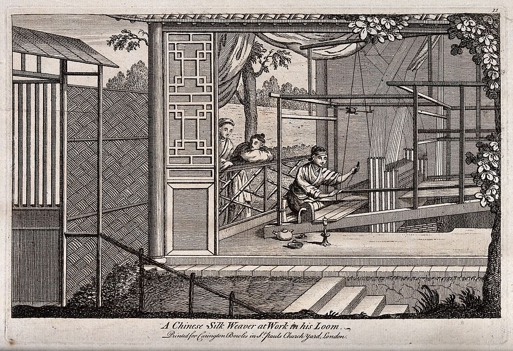 Textiles: silk manufacture in China, a weaver at his loom. Engraving.