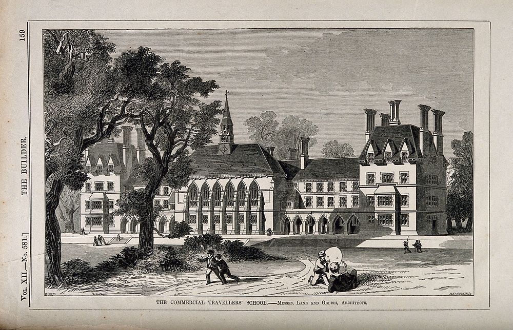 The Commercial Travellers' School, Pinner, Harrow, England. Wood engraving by W.E. Hodgkin after B. Sly.