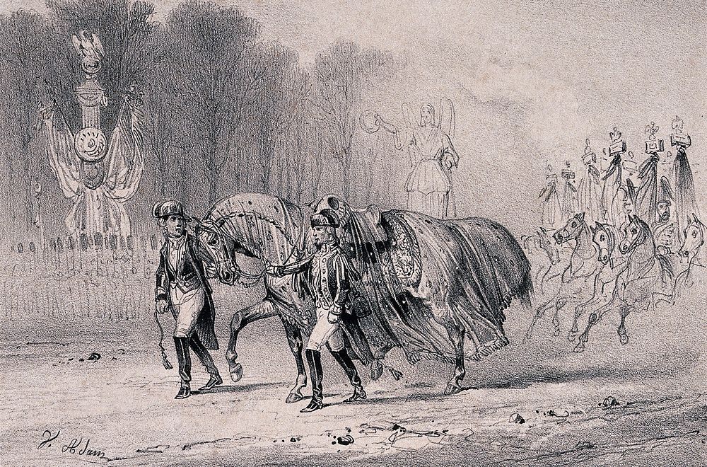 Napoleon's battle-horse being lead by soldiers in the funeral courtège of Napoleon Bonaparte. Lithograph by V.J. Adam, 1841.