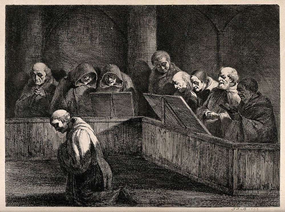 Monks singing the Liturgy of the Hours; one monk doing penance. Etching by J.J. de Boissieu, 1795.