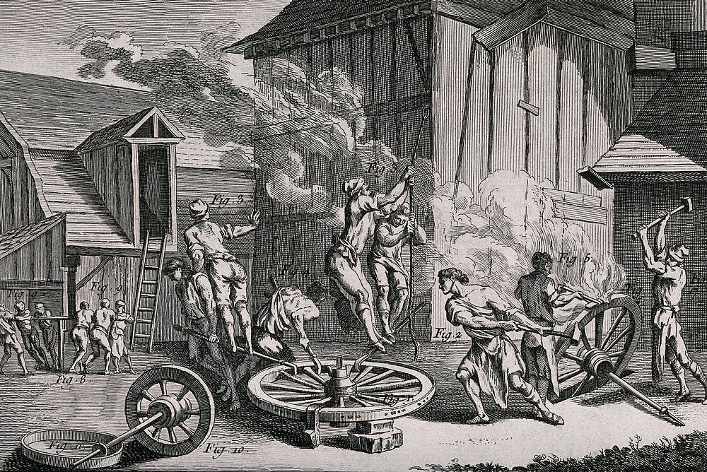 An iron forge in which metal linings are being applied to the rims of wheels. Engraving by R. Bénard after Harguinier.