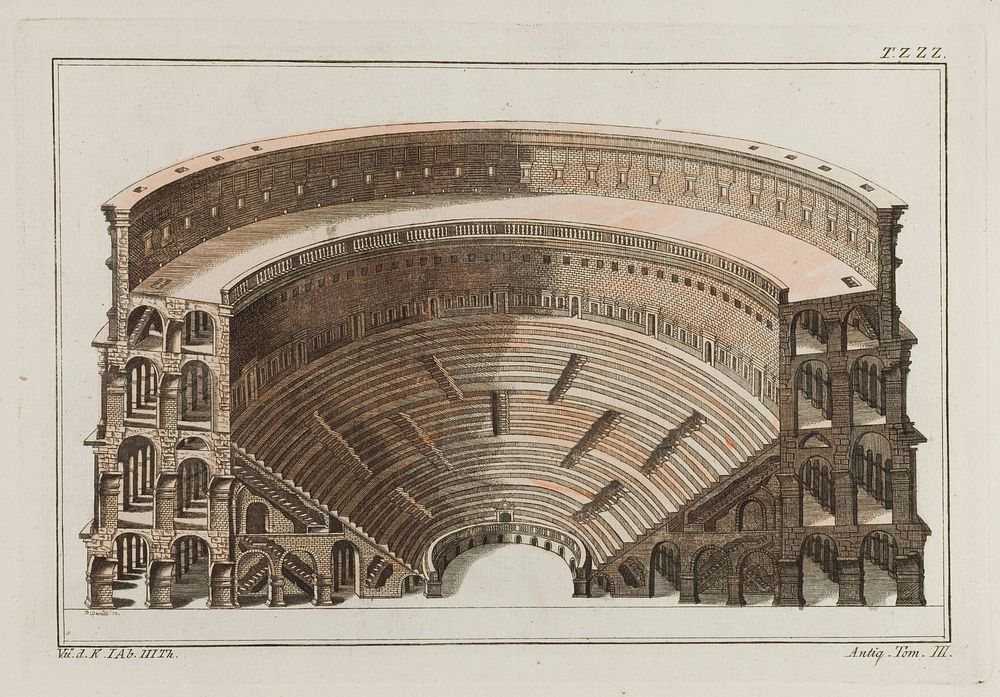 A Roman amphitheatre. Coloured engraving by P. Weindl, ca. 1804-1811.