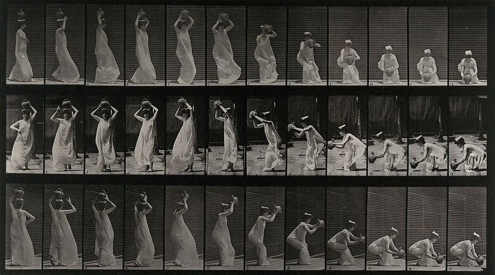 A woman taking a pot from her head and putting on ground. Collotype after Eadweard Muybridge, 1887.