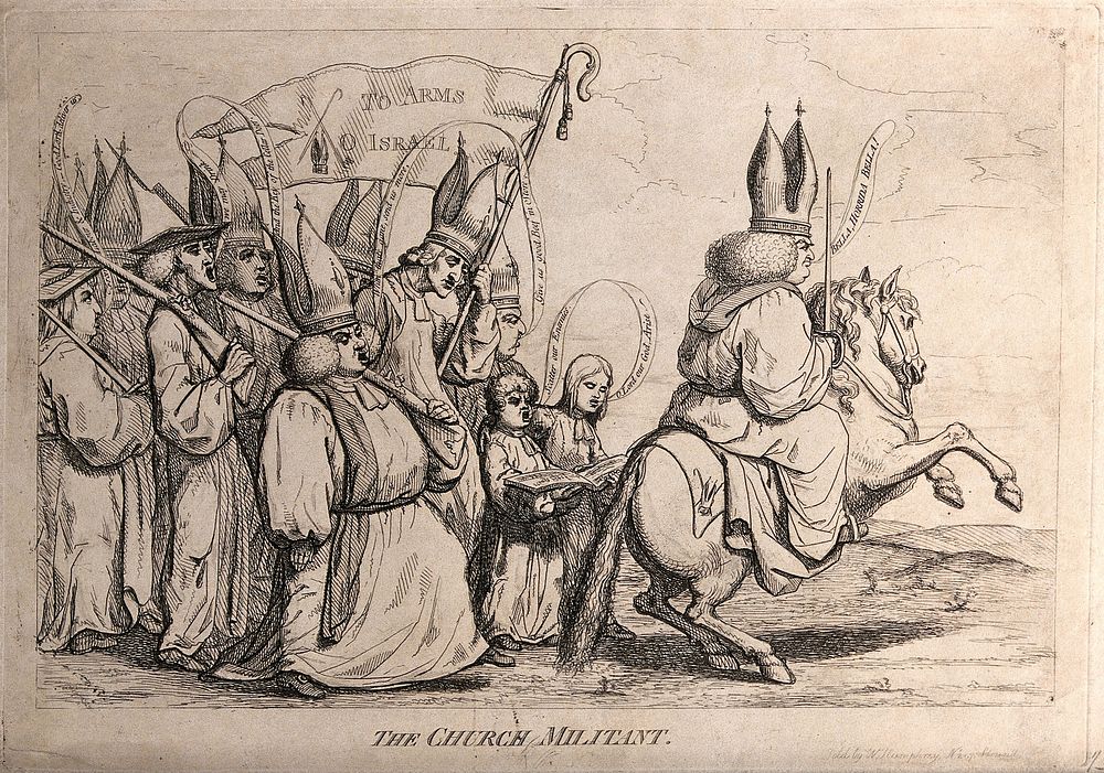 A bishop wearing a mitre is riding on a horse followed by others walking on foot, singing. Etching.