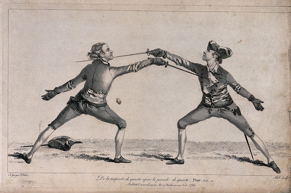 Fencing: two men are practising their positions. Engraving by Hall after I. Gwyn.