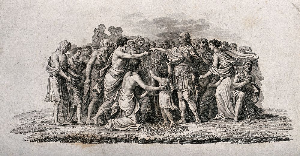 A king  handing out alms to a crowd of people, over a sheaf of corn. Etching.
