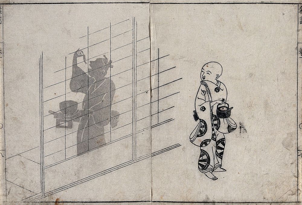 A laughing servant-boy holding a teapot observes the silhouette of an older servant, who is standing behind a screen…
