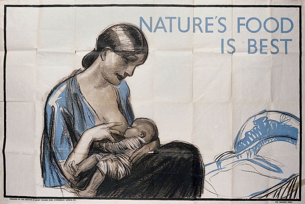 A mother breastfeeding her child. Lithograph.