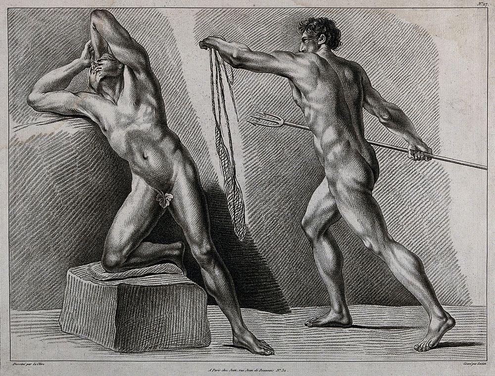Two male nude figures, one throwing his head back, while the second advances holding a trident and a net. Crayon manner…