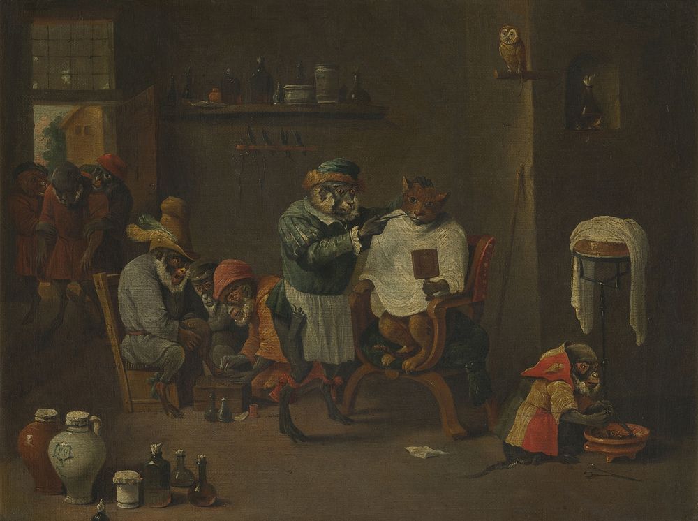 A monkey barber-surgeon's establishment. Oil painting after David Teniers the younger.