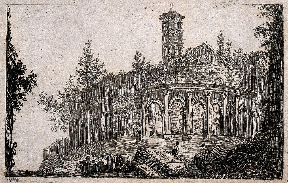 A dilapidated building with an apse, a gable and a bell-tower. Etching, 1819.