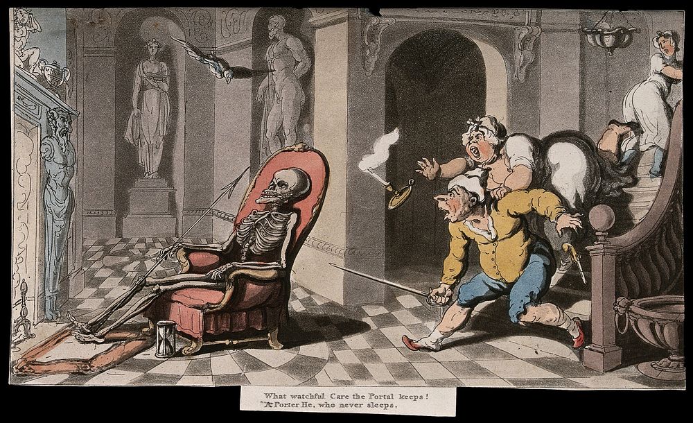 The dance of death: the porter's chair. Coloured aquatint after T. Rowlandson, 1816.