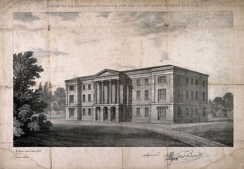 Asylum for the St Ann's Society Schools, Brixton. Lithograph by C.J. Hullmandel after J.H. Taylor, 1829.
