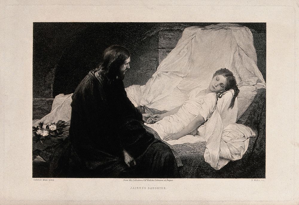 Christ sits at the bedside of Jairus's sickening daughter. Etching by E.F. Mohn after G.C. von Max.