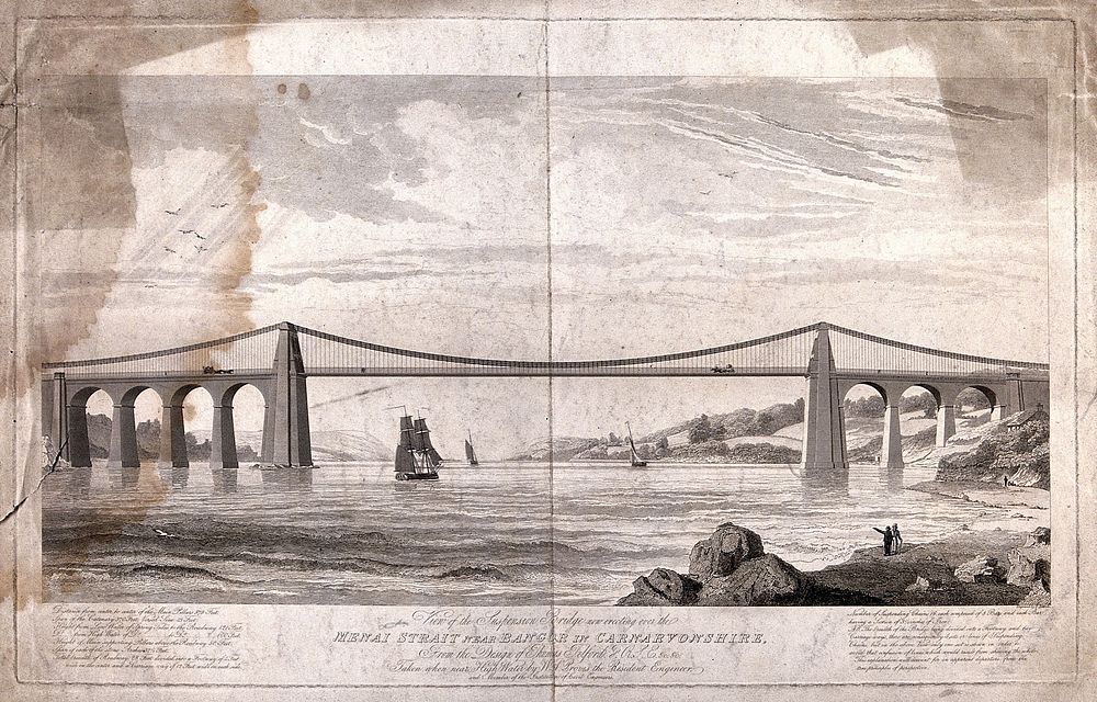 Civil engineering: the Menai suspension bridge. Engraving by E. Turrell after W. A. Provis.
