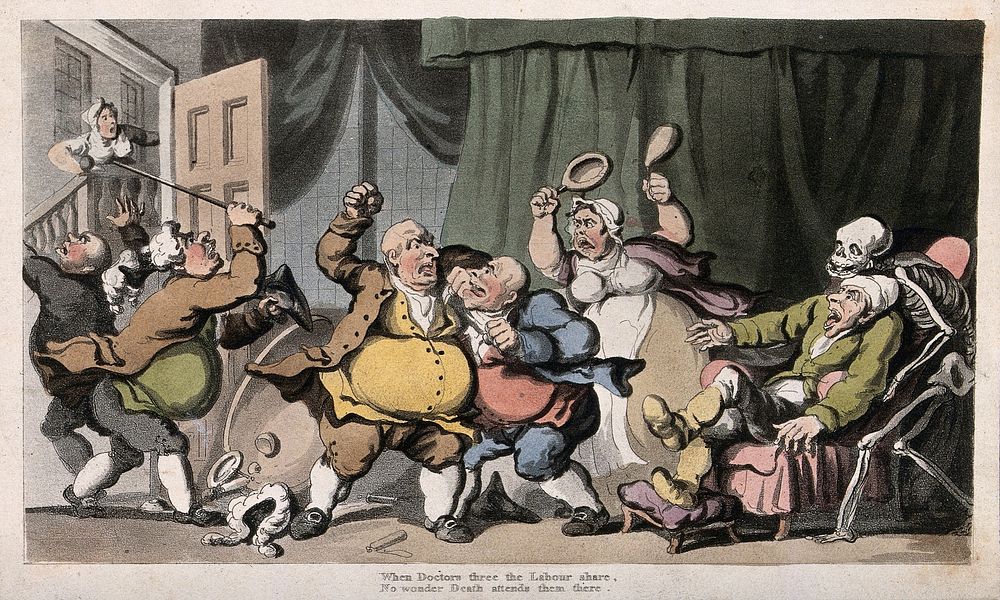 The dance of death: the chamber war. Coloured aquatint after T. Rowlandson, 1816.