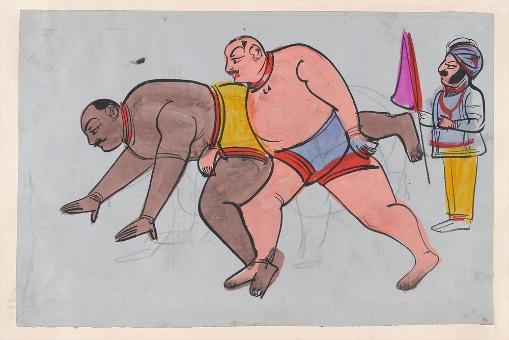 Page 79: a pair a wrestlers with referee. Watercolour drawing.