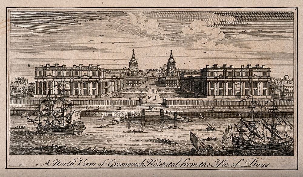 Royal Hospital, Greenwich, with many small houses either side and ships in the foreground. Engraving.