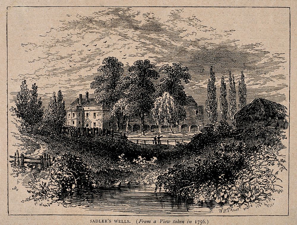 Sadler's Wells Theatre, with the New River running beside. Wood engraving by W. H. Prior.