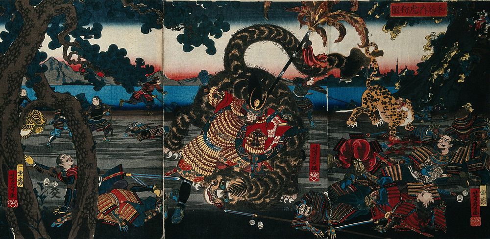 Katō Kiyomasa struggling with a great tiger. Colour woodcut by Yoshitora, 1855.